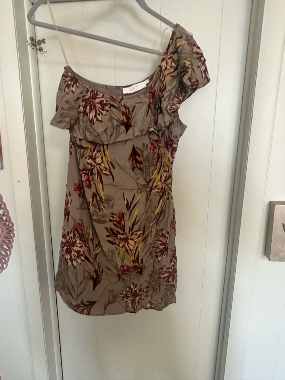 Astr the label One-Shoulder Floral Dress in Taupe with Yellow & Burgundy Accents
